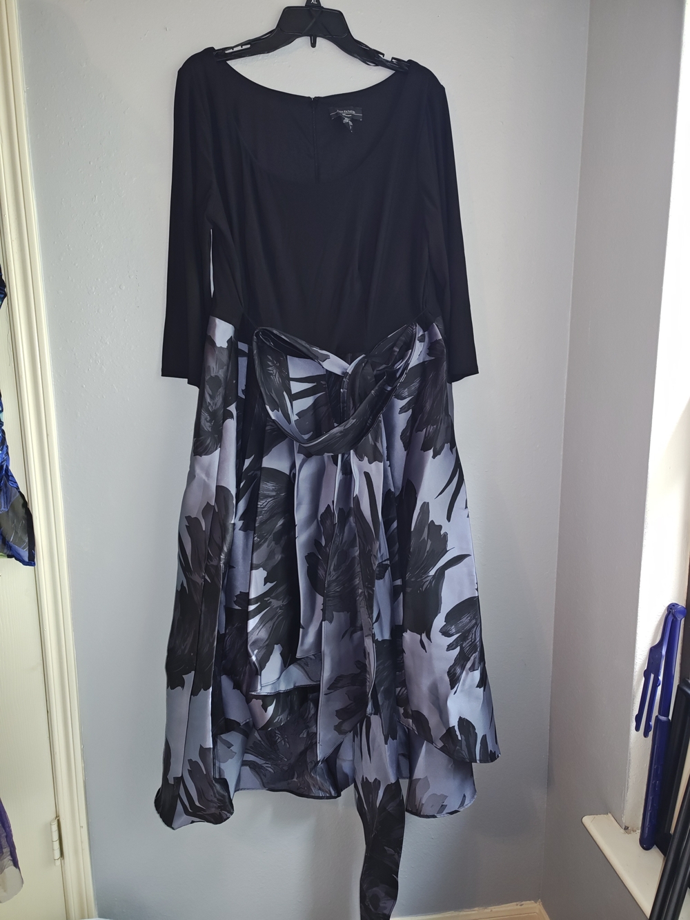Plus Size Black & Smoky Blue-Gray Floral Long Sleeve A-Line Dress